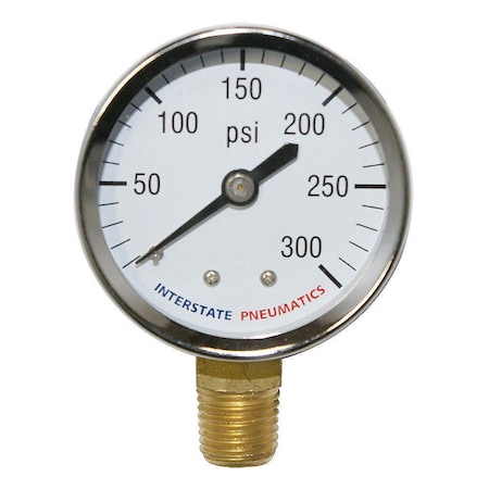 Interstate Pneumatics Pressure Gauge, 0 to 300 PSI psi, 2 in Dial, 1/4 in NPT Bottom Location, Chrome Case Material G2012-300C